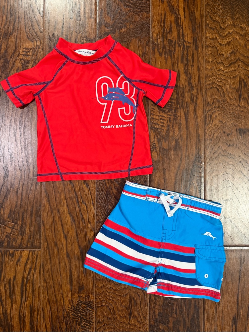 Tommy Bahama Kids Red Rash Guard with Blue Striped Swim Trunks